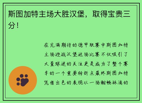 斯图加特主场大胜汉堡，取得宝贵三分！